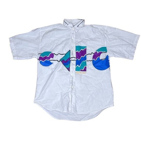 Vintage 80s Bugle Boy Geometric Yacht Button Down Shirt Short Sleeve Large - Picture 1 of 5
